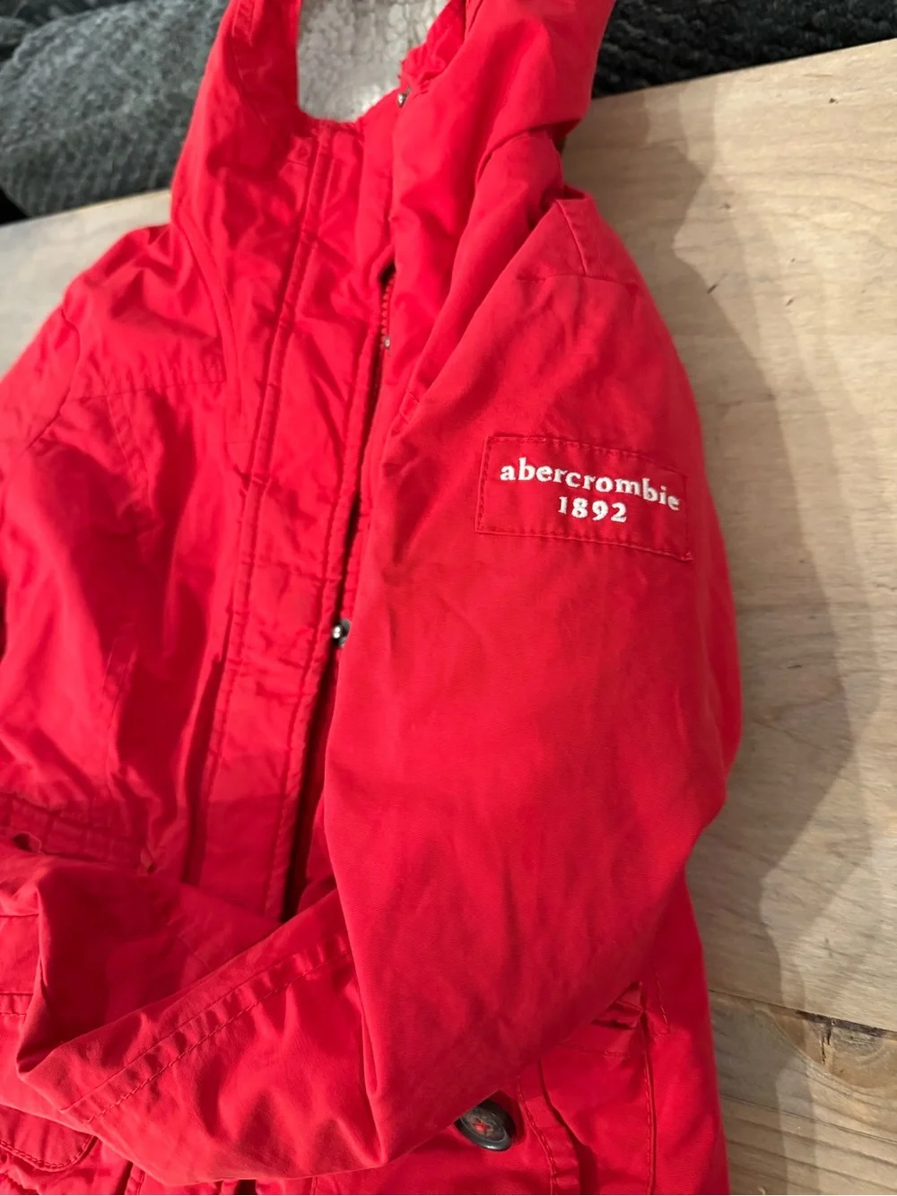 Abercrombie & Fitch Red Hooded Puffer Jacket with Sherpa Lining